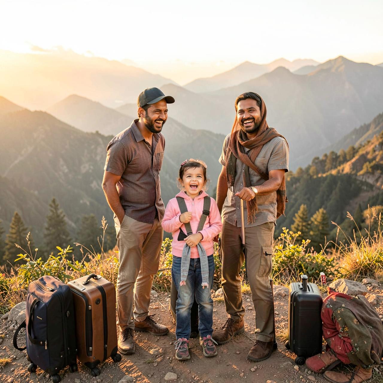 A family laughing at a Himalayan viewpoint