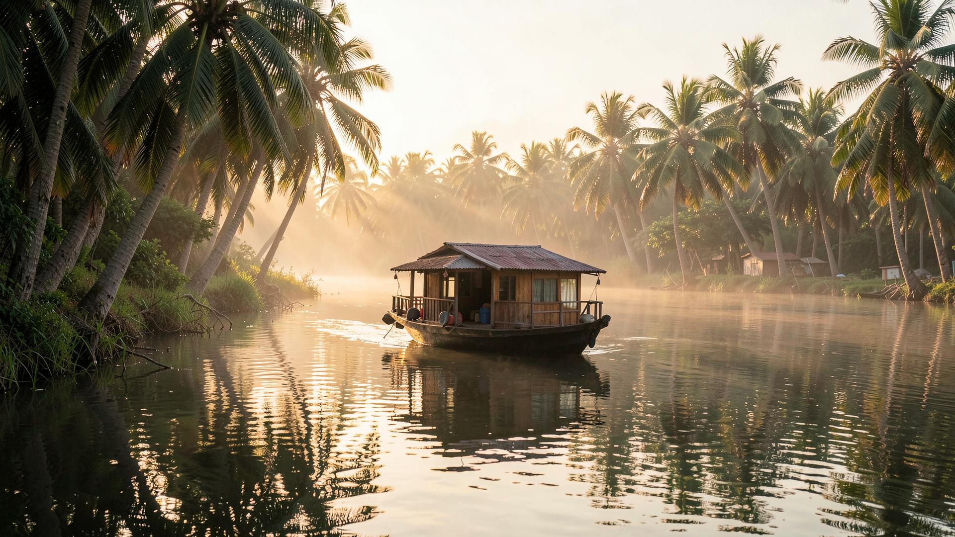 Houseboat drifting through Kerala backwaters at sunrise